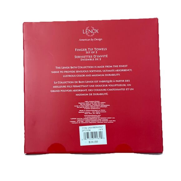 Lenox Set of 2 Ivory Ribbon & Holly Finger Tip Hand Towels NOS Christmas Holiday - Picture 2 of 5